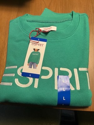 Esprit Women's Crewneck Pullover Sweatshirt Embroidered Logo Green L