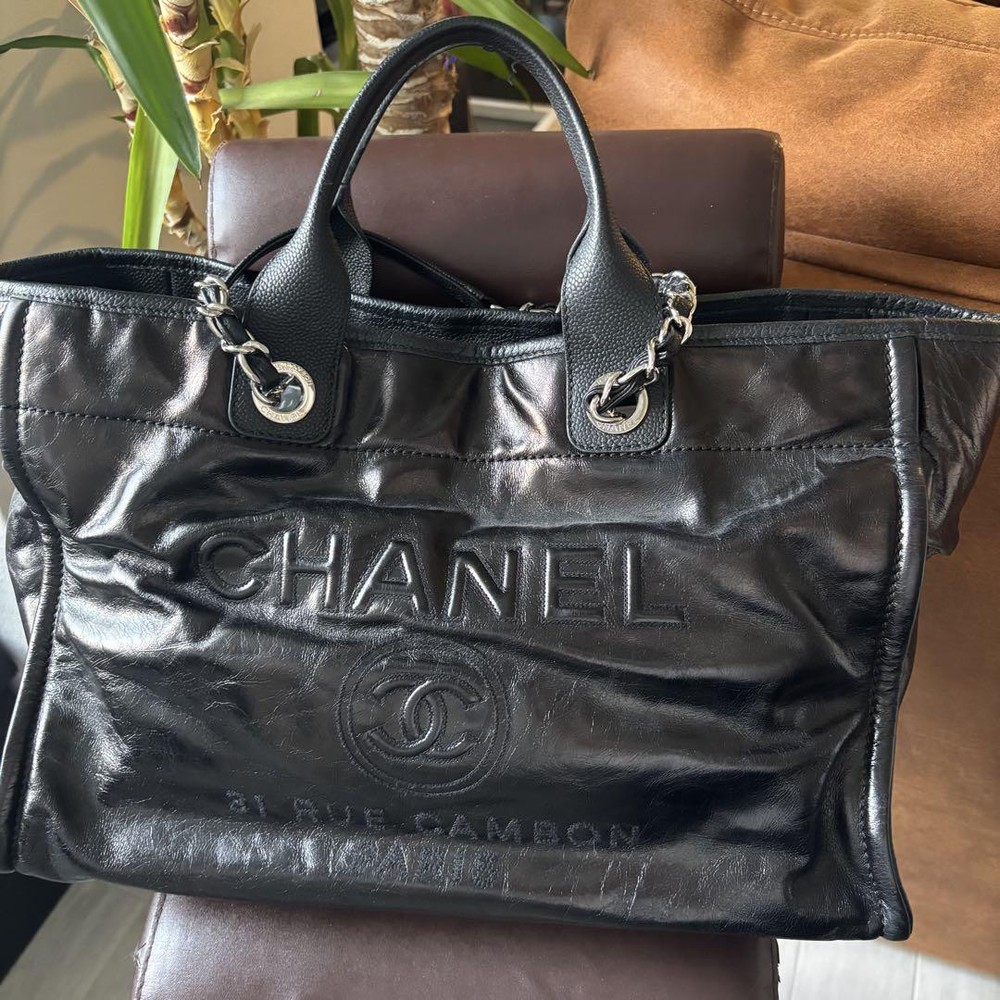 CHANEL Deauville GM Black Crushed Leather Tote Bag Japan Import