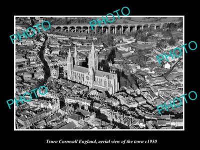 OLD POSTCARD SIZE PHOTO OF TRURO CORNWALL ENGLAND AERIAL VIEW OF TOWN c1950 2