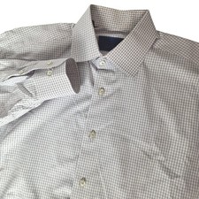 David Donahue Dress Shirt 16 34/35 Blue Plaid Check Pima Cotton Quiet Luxury