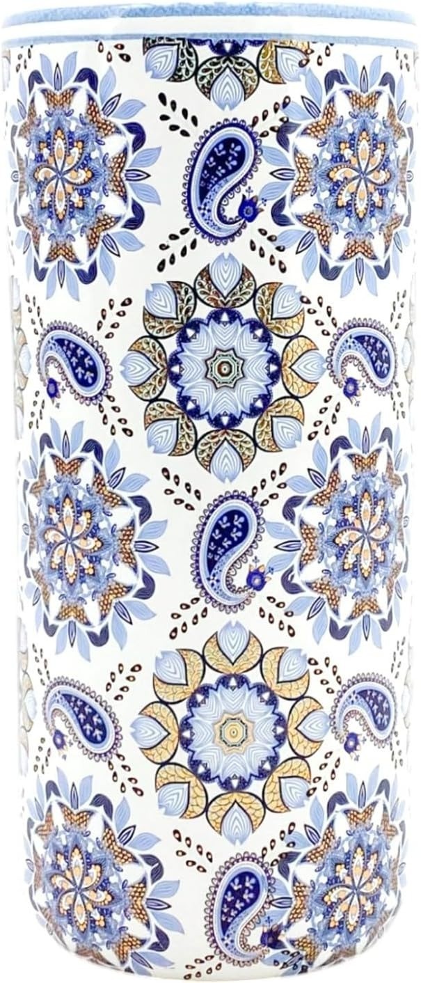 Floral Paisley Ceramic Umbrella Stand Blue Gold Tall Vase Walking Sticks Holder