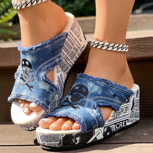 Newspaper Buckle Denim Wedge Slippers - Without Anklet