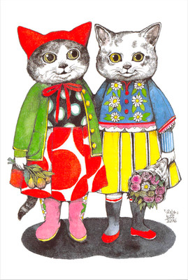 Japanese Postcard: Stylish European Cats with Roses & Tulips -  Yuko Higuchi