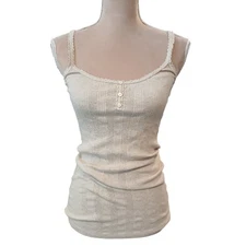 Beige Ribbed Henley Tank Top Lace Trim Spaghetti Strap Basic Casual Women