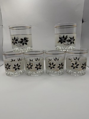 Vintage Whiskey Low Ball Glasses Decover Italy Black Floral Gold Set Of 6