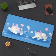 Kawaii Cat Desk Mat, Cute Blue Mouse Pad, Large Gaming Mat, Office Desk Pad