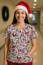 NWOT Serene Uniforms Christmas Scrub Top Women  s Small   Penguins, Santa, Polar