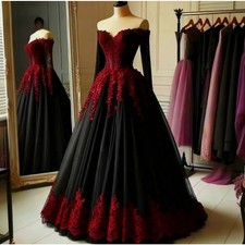 Gothic Black And Red Wedding Dresses Lace Applique Long Sleeves Vintage Gowns