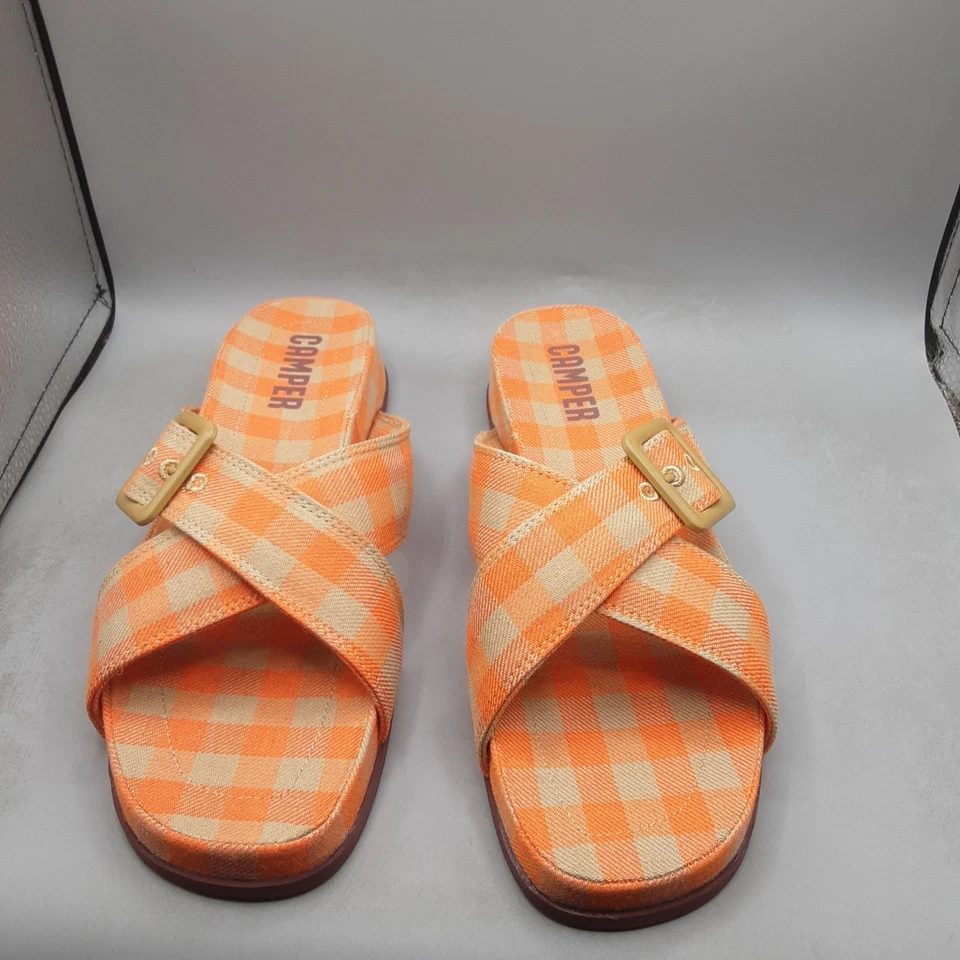 Женские сандалии-шлепанцы Camper Atonik крест-накрест 11 М оранжевые разноцветные клетчатые A152 - Изображение 2 из 4
