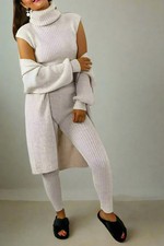 Womens 3 Piece SUIT Roll Neck Chunky Knitted Tracksuit Ladies Rib LoungeWear Set