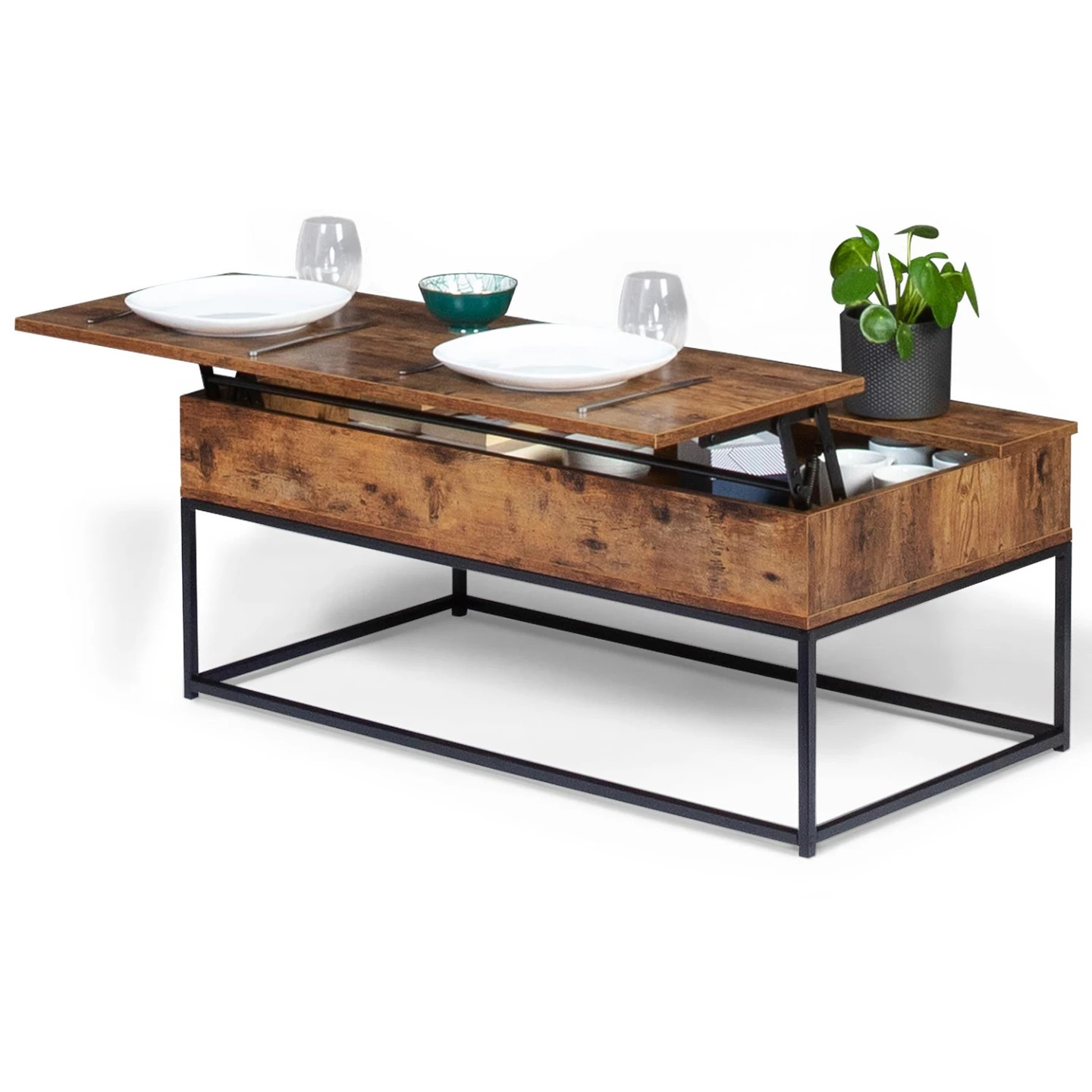 Table basse design industriel DAYTON plateau relevable bois et métal noir