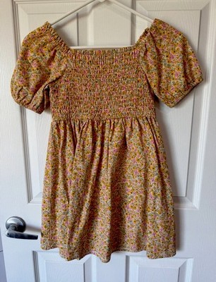 Cat & Jack Girls Pink Yellow Green Floral Smocked Puff Sleeve Dress M (7/8)
