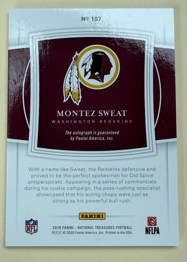 2019 Panini- National Treasures Football Montez Sweat #107 Auto /90 RC view 2