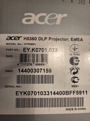 Acer H5360 DLP Heimkino Projektor 720p 3D ready 2500 ANSI HDMI VGA Weiß