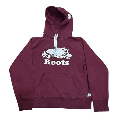 Roots Hoodie Mens Medium Burgundy Cooper Beaver Logo Pullover Sweatshirt Fleece