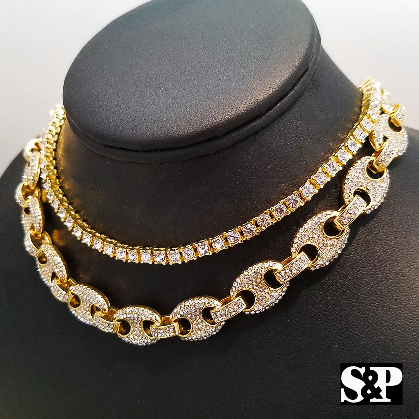 Ensemble collier chaîne choker tennis plaqué or glacé hip hop 16 pouces marina & 1 rangée CZ