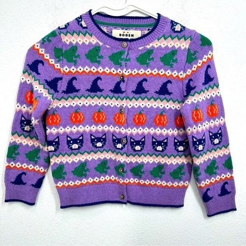 Mini Boden Kids' Purple Halloween Fair Isle Knit Cardigan Pumpkin Cat NWT Cute
