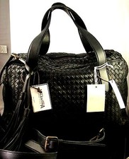 Valentina Made In Italy Black Woven Leather Satchel Crossbody Hand Bag  Nwt