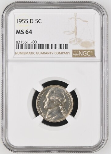 1955 Denver Mint Jefferson Nickel Five Cents NGC MS 64 - Picture 1 of 2