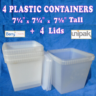 4 Berry Superfos Plastic Containers 7¼''x7¼''x7½'' + 4 Snap-On Lids, Cleaned