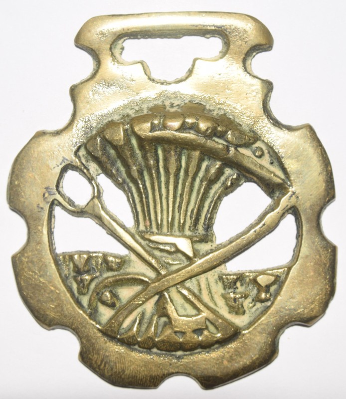 HORSE BRASS w. SHEAF OF WHEAT and Farming Tools