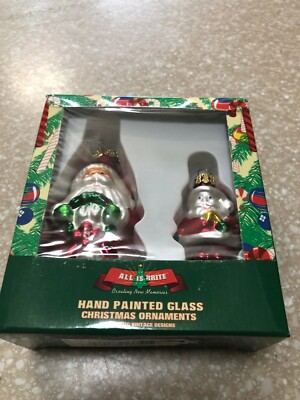 All Is Brite Pair Of Santa s Hand Painted Glass Ornaments