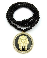 Egyptian King Tut Round Pendant 6mm 30" Wooden Bead Hip Hop Necklace 