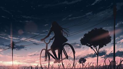 Anime girls bicycle sunset sky power lines trees clouds Playmat Game Mat Desk