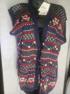 Jantzen Knit Vest 2XL Hand Embroidered Floral Button up Crochet Trim 