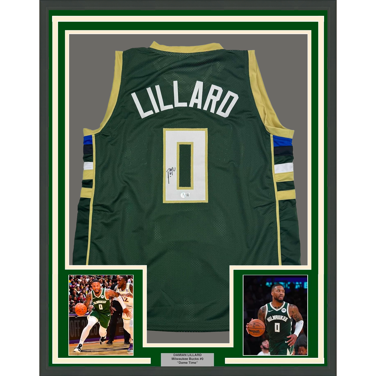 Damian Lillard Autographed Signed Milwaukee Bucks Framed / 35x39 Milwaukee Green Jersey BAS COA 