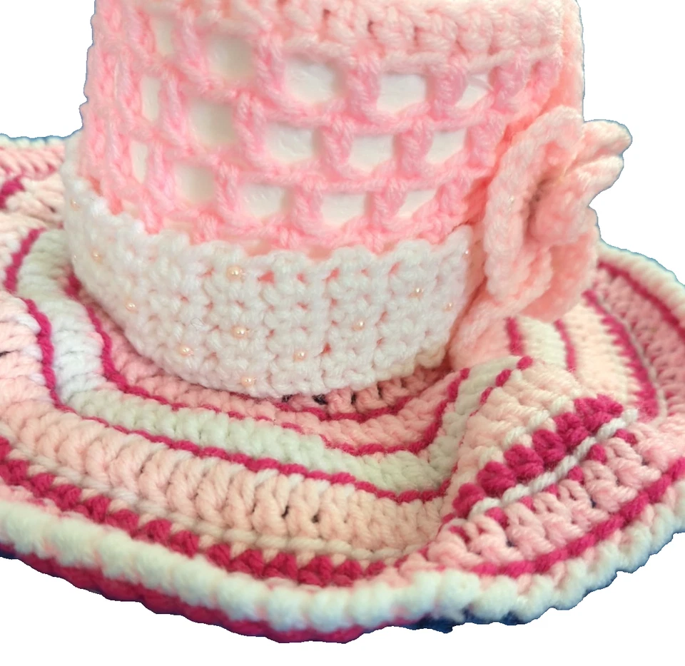 Cubierta de papel higiénico retro sombrero de ganchillo flor rosa blanco elefante cuentas abuela Foto 2 de 4