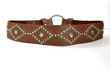 Vintage Brown Buffalo Leather Wide Waist Plain Belt. Joed Studded Crystals 34