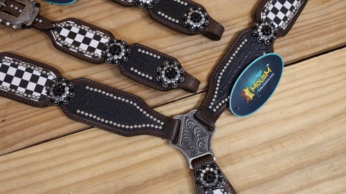 Western Headstall and Breast Collar Set -Black Alligator Print with Silver Studs - Picture 4 of 24