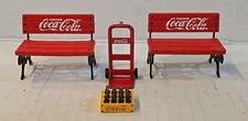Coca-Cola Set of 2 Miniature Park Benches + Case Pack + Hand Trucks Tiny Village