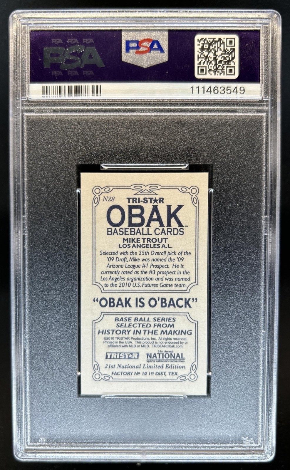 2010 TriStar Obak Mini Mike Trout 31st National Promo #N28 PSA 10 GEM MINT view 2