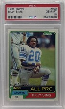 1981 TOPPS #100 BILLY SIMS RC HEISMAN LIONS PSA 10 GEM MINT ROOKIE CARD RC. rookie card picture