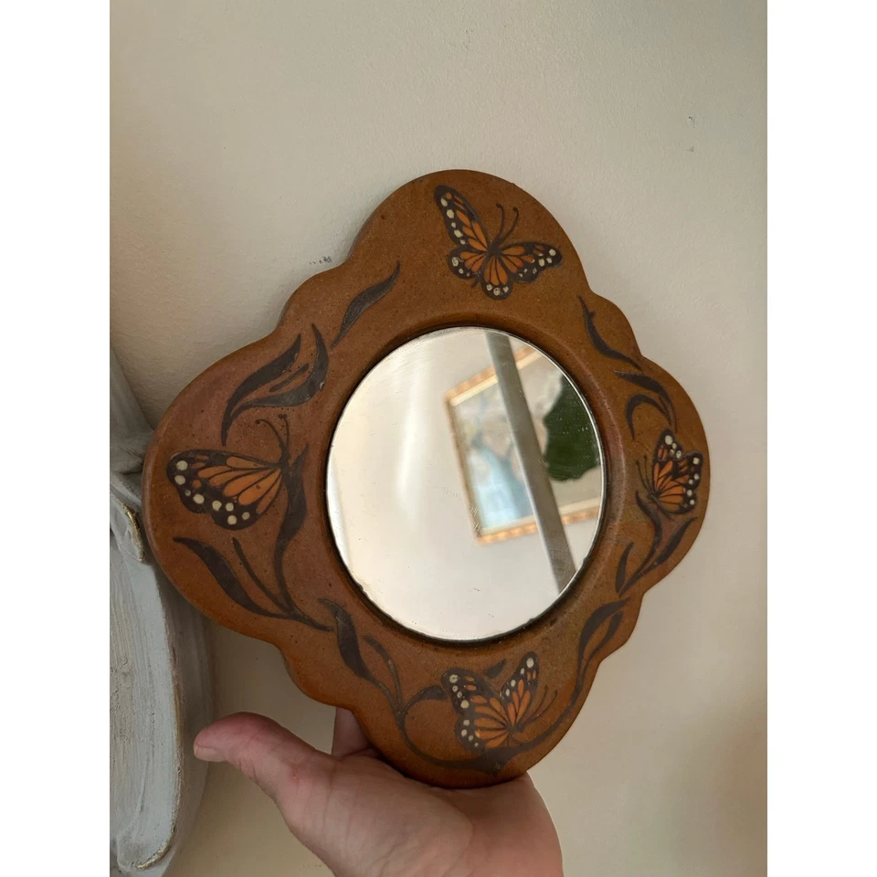 Vintage Wall Mirror pottery clay butterflies Heavy Stoneware Clay brown 9” hang - Image 4 of 4