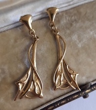 Solid 9ct Gold Earrings Art Nouveau HALLMARKED 4cm Vintage Statement 1.85g