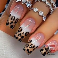 24 Pcs Leopard French Press on Nails Medium Square Fake Nails Nude Design C13