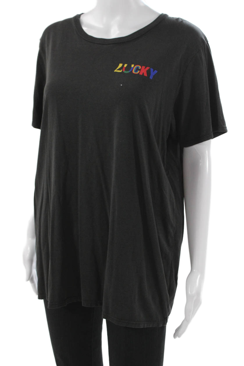 Lauren Moshi Womens Basic Lucky Graphic Crew Neck Black T-Shirt Size MFree Shipping in US $100+ Orders | $6.95 Orders Below