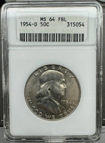 1954-D MS-64 FBL Franklin Half Dollar - ANACS Certified - Full Bell Lines