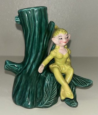 Vintage Ceramic Elf Pixie Tree Trunk Vase 50's Green