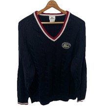 Vtg Lacoste Navy Blue Cable Knit V Neck Tennis Sweater Made In France Sz 7/ 2XL