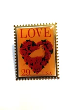Vintage 1994 Goldtone Enamel Love USA 29 Cent Stamp Pin Dove Heart Rose's Lapel