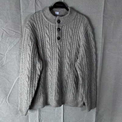 Marine Layer Mens Cable Knit Henley Sweater Beige Wool Blend Mock Neck Large