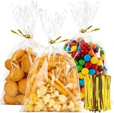100 Pack Cellophane Bags, 6 10-Inch Clear Cellophane Bags with 100 Gold Twist