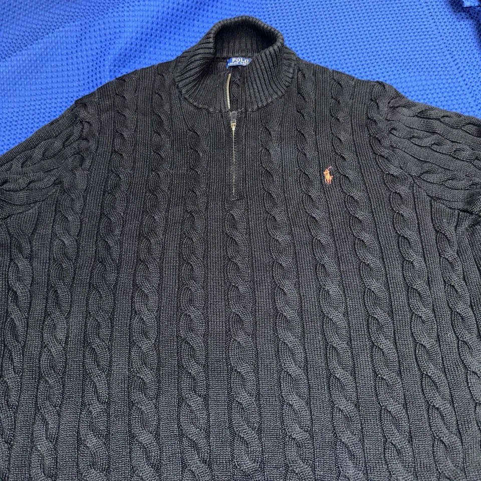 Polo Ralph Lauren 粗线针织毛衣男式 4XB 黑色 1/4 拉链红色小马 — 第 3/4 张图片