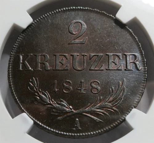 AUSTRIA HUNGARY Empire 2 Kreuzer 1848 NGC MS 64 BN UNC Copper Toning Vienna