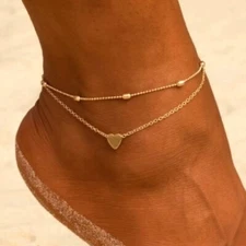 Heart Anklet Layered Ankle Bracelet Chains Silver Gold Beaded 11in Dainty Bling