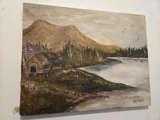 Vintage Mountain cabin Lake-scape Oil on canvas-Original work by Donna Remillard
